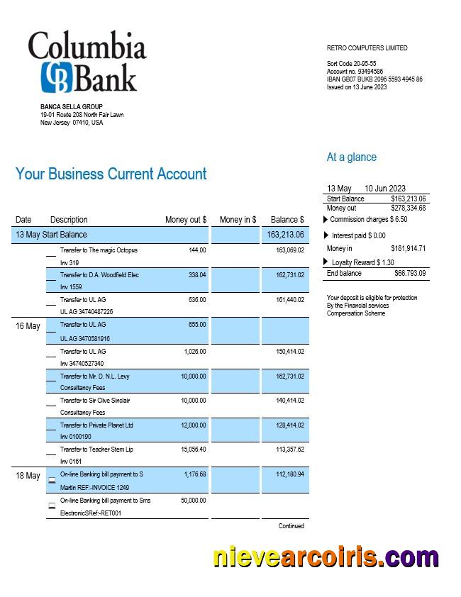 Columbia Bank enterprise account statement